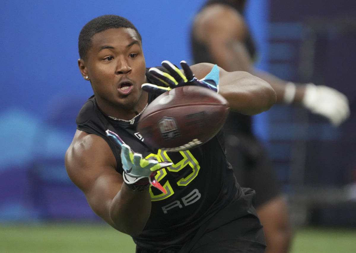 Mar 4, 2022; Indianapolis, IN, USA; Texas A&M running back Isaiah Spiller (RB29) goes through drills during the 2022 NFL Scouting Combine at Lucas Oil Stadium. Mandatory Credit: Kirby Lee-USA TODAY Sports